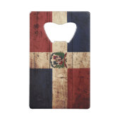 古い木製の穀物のドミニカ共和国の旗 クレジットカード栓抜き (裏面)