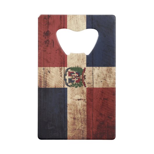 古い木製の穀物のドミニカ共和国の旗 クレジットカード栓抜き (裏面)