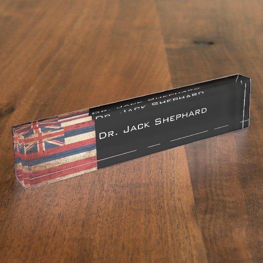 古い木製の穀物のハワイの州の旗 デスクネームプレート (側面)