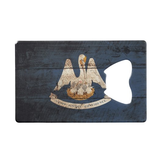 古い木製の穀物のルイジアナの州の旗 クレジットカード栓抜き (正面(横))