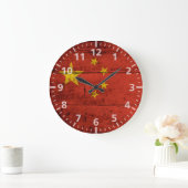 古い木製の穀物の中国の旗 ラージ壁時計 (ホーム)