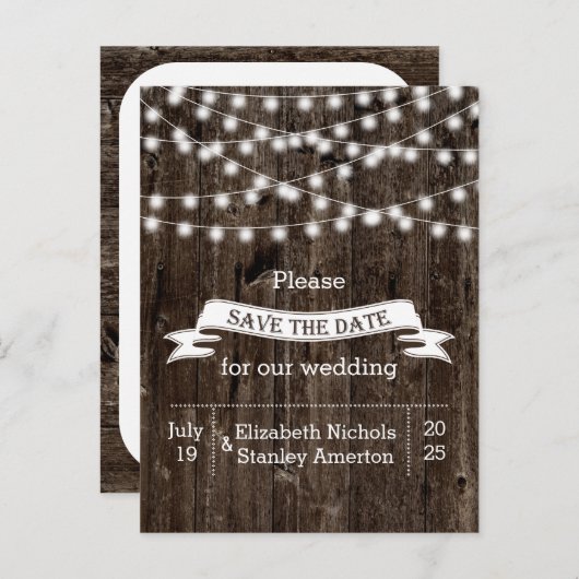 古い木製の結婚式のライトの文字列の日付を保存 案内ポストカード (正面/裏面)