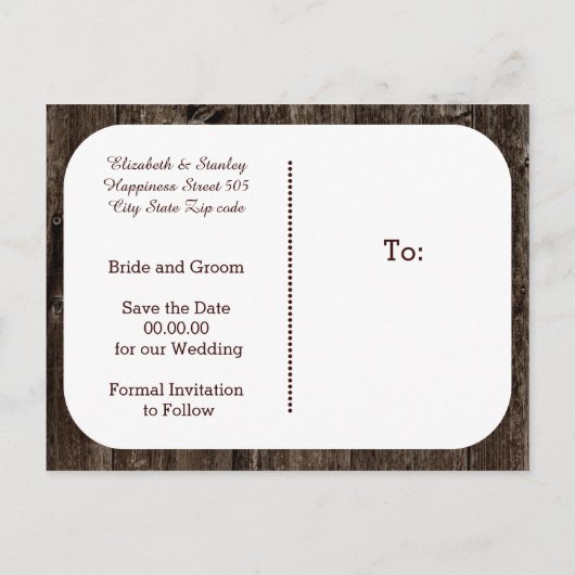 古い木製の結婚式のライトの文字列の日付を保存 案内ポストカード (裏面)