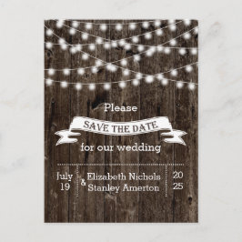 古い木製の結婚式のライトの文字列の日付を保存 案内ポストカード