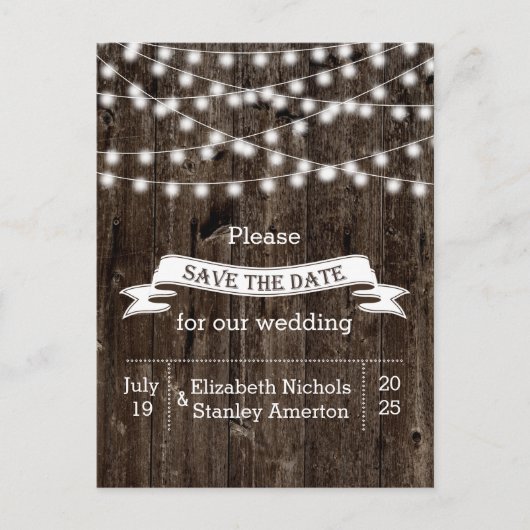 古い木製の結婚式のライトの文字列の日付を保存 案内ポストカード (正面)