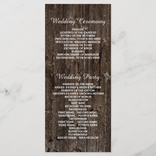 古い木製の結婚式プログラムの照明の列 プログラム (裏面)