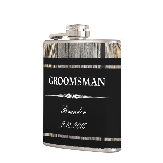 古い木製の黒い花婿の付添人の結婚式のフラスコ フラスク (左)