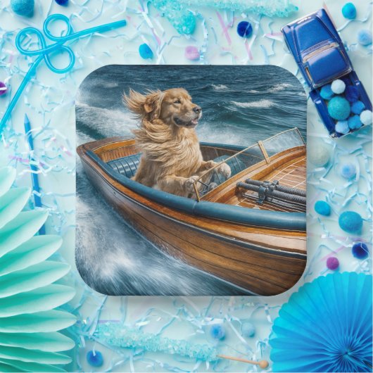 古い木製ボートを運転するゴールデンレトリバー ペーパープレート (パーティー)