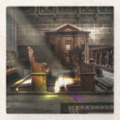 古い木製教会のベンチと膝蓋付き ガラスコースター (正面)