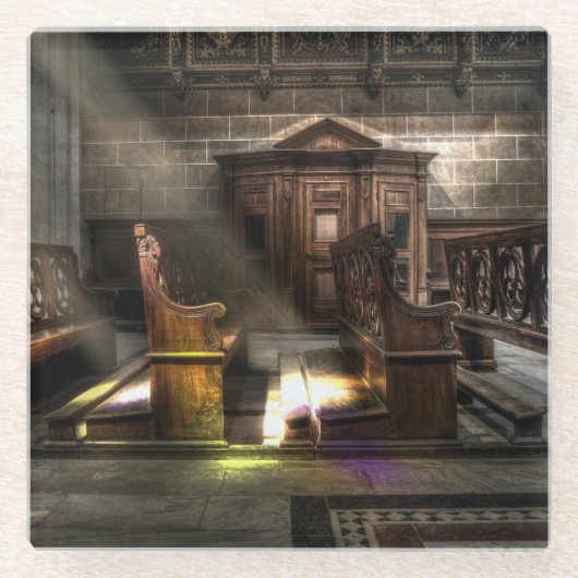 古い木製教会のベンチと膝蓋付き ガラスコースター (正面)