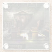 古い木製教会のベンチと膝蓋付き ガラスコースター (裏面)