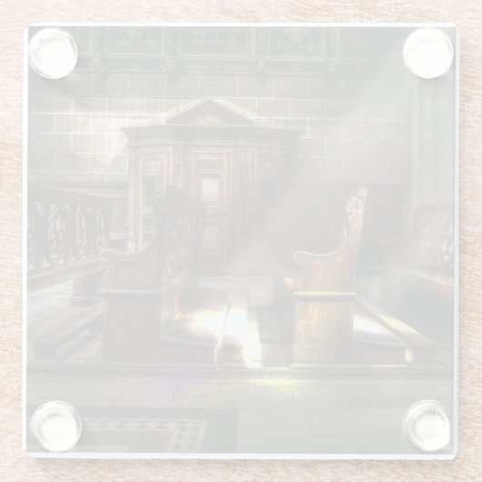 古い木製教会のベンチと膝蓋付き ガラスコースター (裏面)