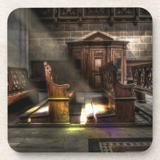 古い木製教会のベンチと膝蓋付き コースター (正面)