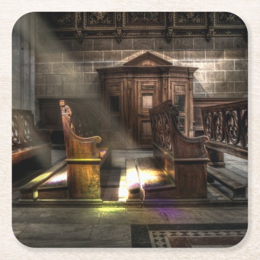 古い木製教会のベンチと膝蓋付き スクエアペーパーコースター (正面)