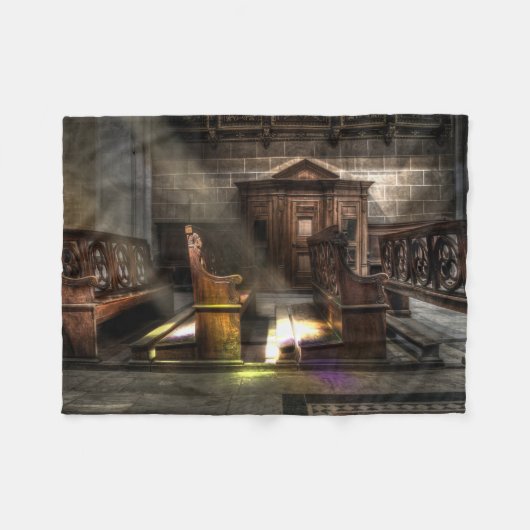 古い木製教会のベンチと膝蓋付き フリースブランケット (正面(横))