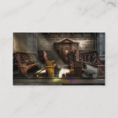 古い木製教会のベンチと膝蓋付き 名刺 (裏面)