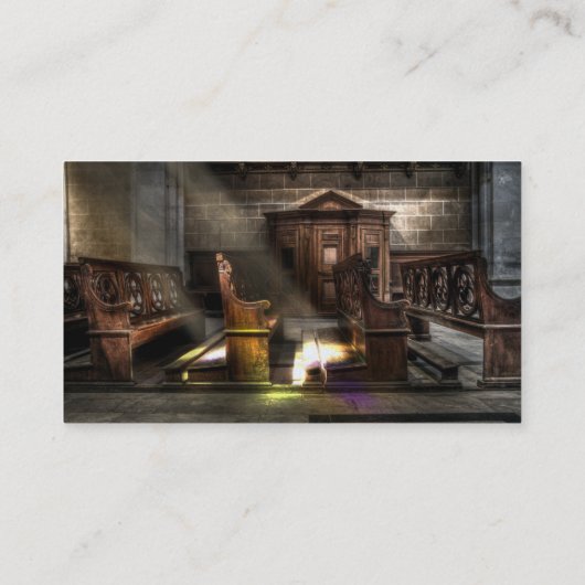 古い木製教会のベンチと膝蓋付き 名刺 (裏面)