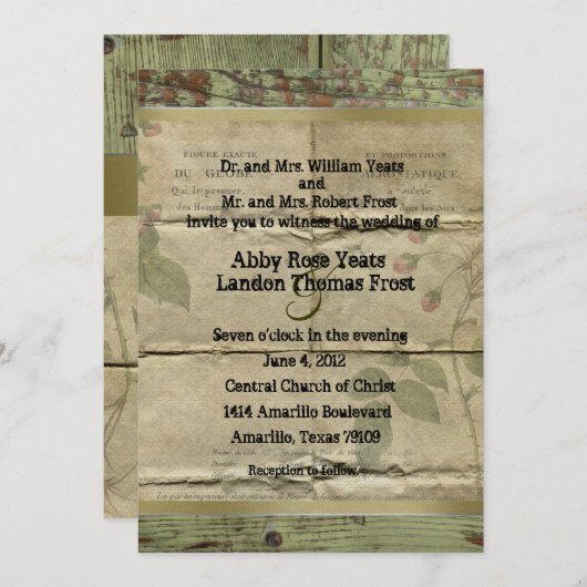 古い木、ヴィンテージのフランス人の紙の結婚式招待状 招待状 (正面/裏面)