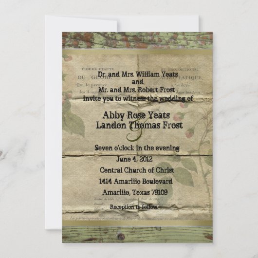 古い木、ヴィンテージのフランス人の紙の結婚式招待状 招待状 (正面)