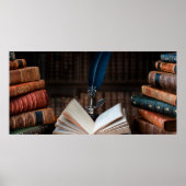 古い本、古筆、木製のヴィンテージのインク井戸 ポスター (正面)