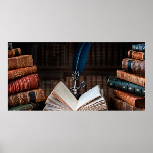 古い本、古筆、木製のヴィンテージのインク井戸 ポスター (正面)