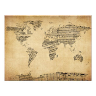 古い楽譜からの世界地図の地図 フォトプリント