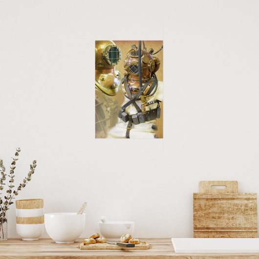 古い深いの海ダイビングスーツとヘルメット ポスター (キッチン)