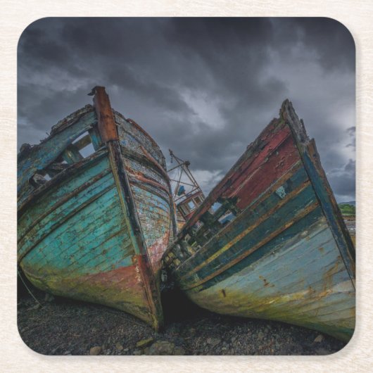 古い漁船 スクエアペーパーコースター (正面)