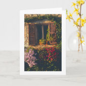 古い石ビル。木製シャッター・フロー付き窓 カード (黄色い花)