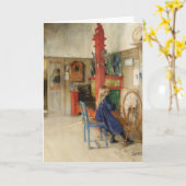 古い糸車に座る小さな少女 カード (黄色い花)