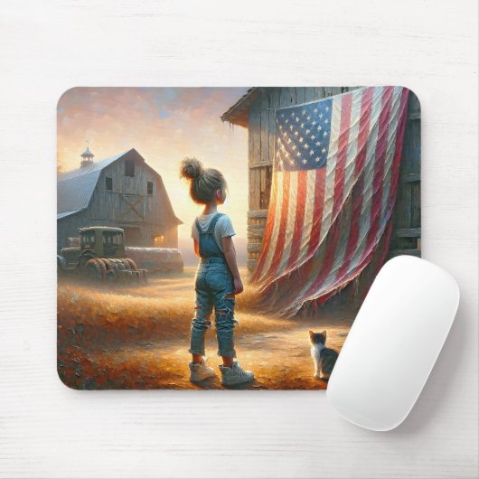 古い納屋にアメリカ国旗を掲げた小さな女の子 マウスパッド (マウス)