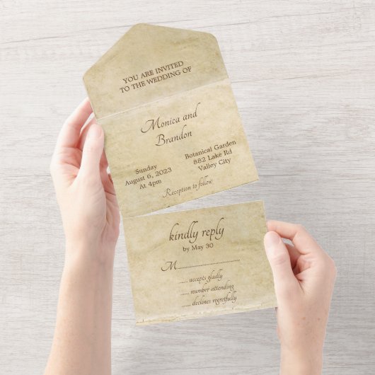 古い紙ヴィンテージウェディングオールインワン招待状 オールインワン招待状 (貼ってはがせる)