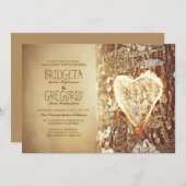 古い素朴な木のハート婚約パーティ招待状 招待状 (正面/裏面)