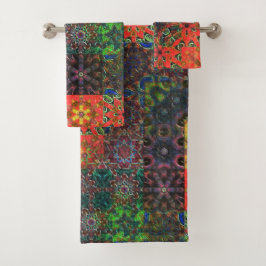 古い緑とサンゴから茶色の万華鏡のように千変万化するパターンモザイク バスタオルセット