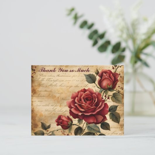 古い羊皮紙の赤いバラの感謝 ポストカード (スタンド正面)