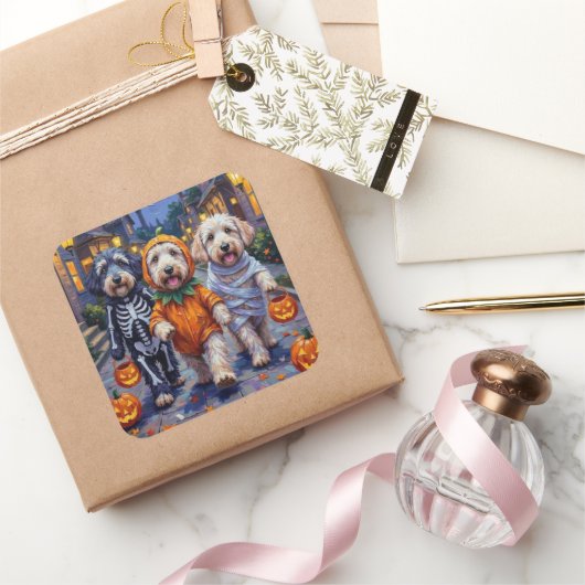 古い英国のシープドッグのトリックまたは治療ハロウィーン スクエアシール (ギフト)