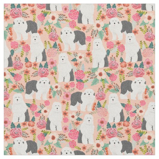 古い英国のシープドッグ犬のヴィンテージの花模様桃 ファブリック (クローズアップ)