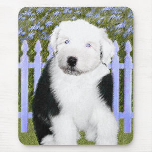 古い英国の牧羊犬の子犬の絵画-犬の芸術 マウスパッド