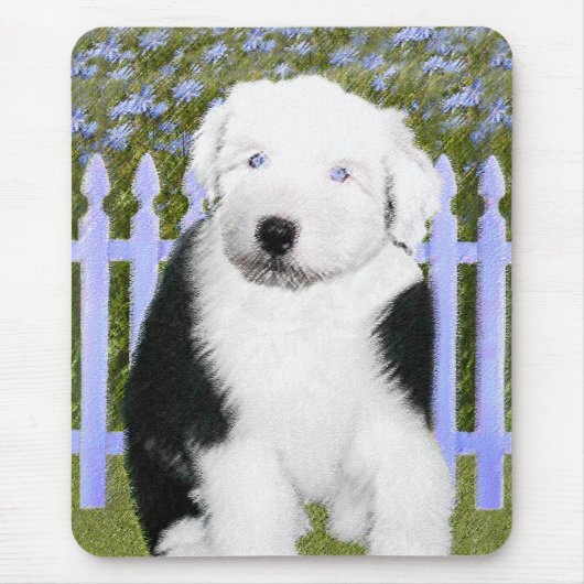 古い英国の牧羊犬の子犬の絵画-犬の芸術 マウスパッド (正面)