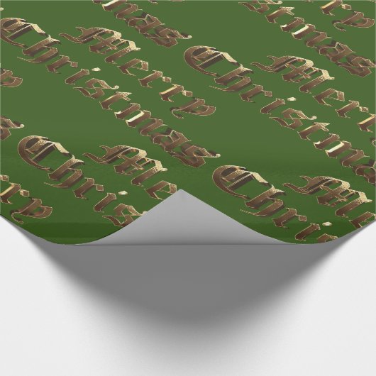 古い英語のレタリング金ゴールドとグリーンクリスマス ラッピングペーパー (角)