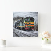 古い蒸気エンジン機関車の列車写真 スクエア壁時計 (ホーム)