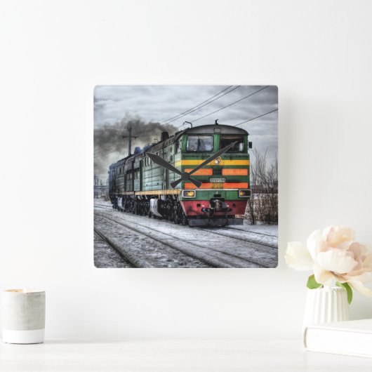 古い蒸気エンジン機関車の列車写真 スクエア壁時計 (ホーム)