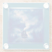 古い蒸気機関車を持つ青い色のシーン ガラスコースター (裏面)