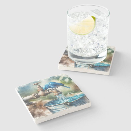 古い蛇口にブルーバード ストーンコースター (横)