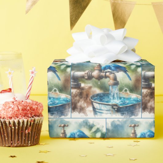 古い蛇口にブルーバード ラッピングペーパー (誕生日パーティー)