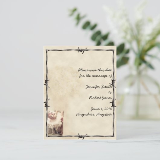 古い西のブーツおよび花束は日付カードを救います セーブザデート (スタンド正面)