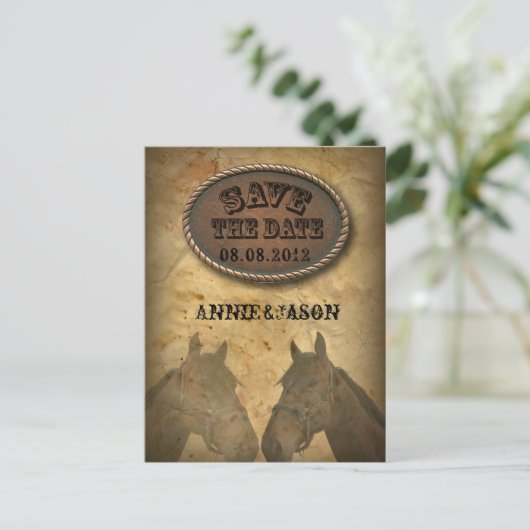 古い西部カウボーイの国ウェディング・セーブ・ザ・デート 案内ポストカード (スタンド正面)