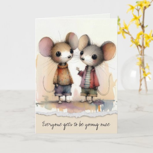 古い誕生日水の色のネズミ カード (黄色い花)