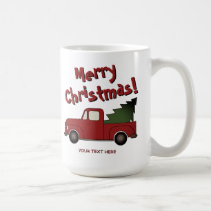 古い赤いトラックとクリスマスツリーの面白いマグカップ コーヒーマグカップ