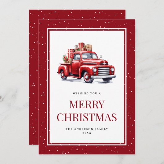 古い赤いトラックのギフト雪のメリークリスマスカード シーズンカード (正面/裏面)